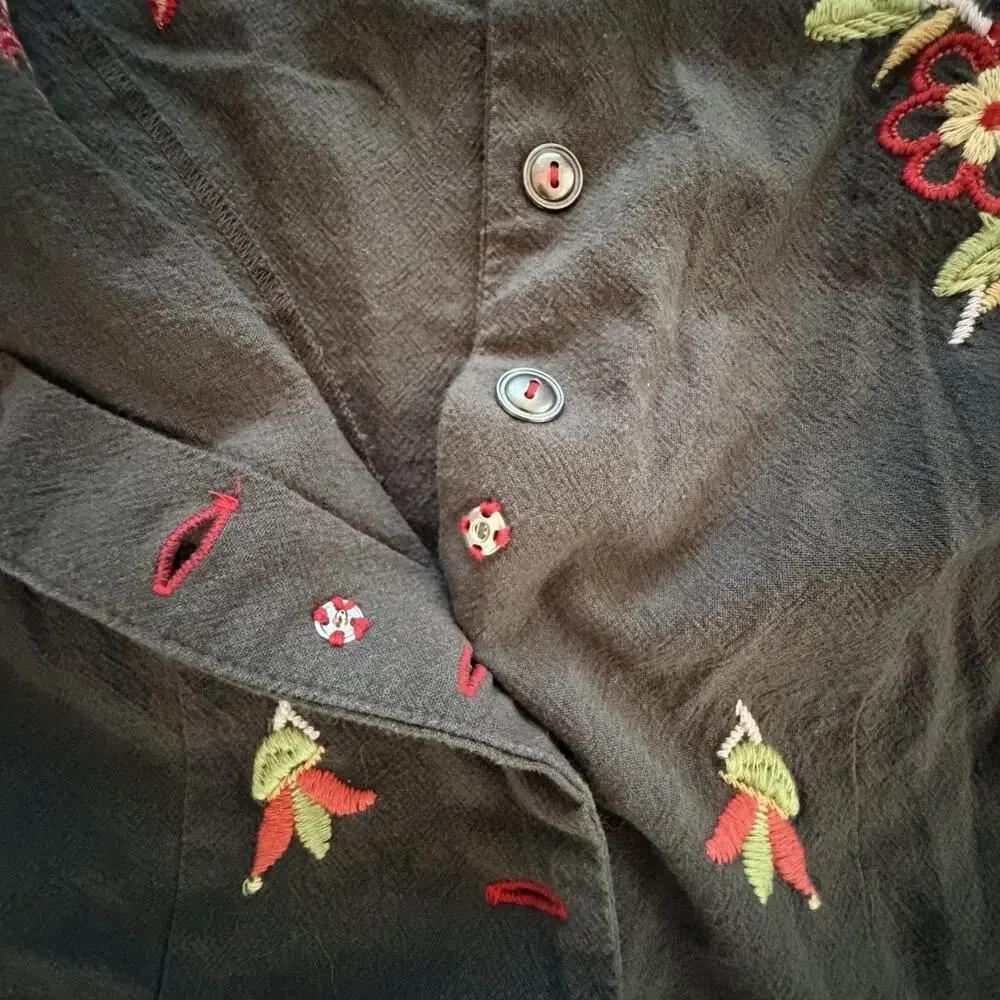 New Free People Kelly Black Floral Embroidered Button Detail Blouse XL $148 NWT